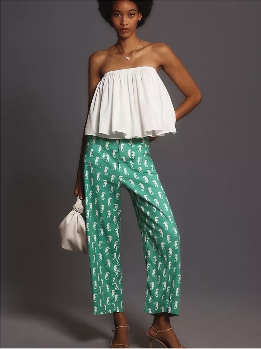 Anthropologie Maeve Colette Green Seahorse Wide-Leg Cropped Pants